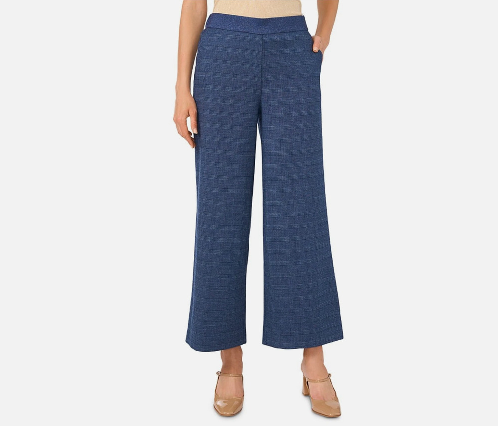 Vince Camuto Women Plaid Pull On Wide Leg Pants Classic Navy Size XL